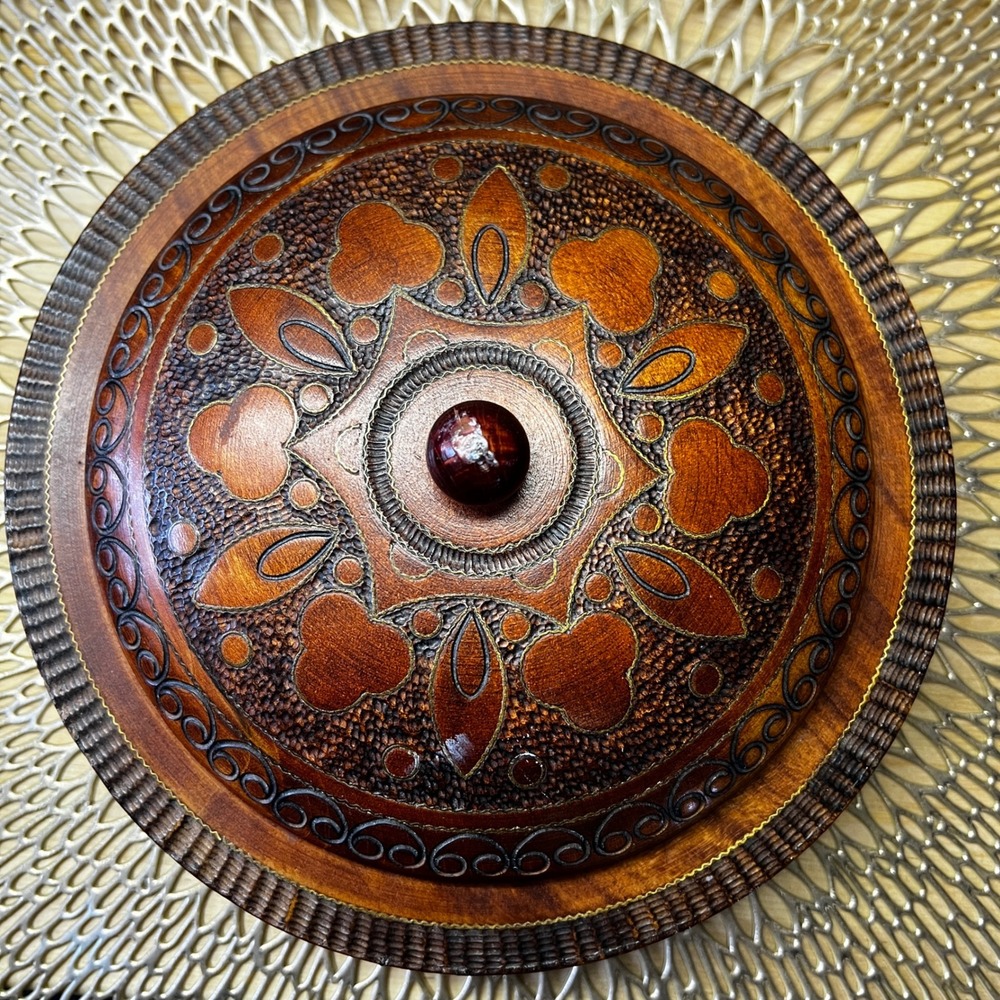 Polish Hand Carved Wood Trinket Box Dish Lid & Bowl Decorative Storage Container - Picture 10 of 10